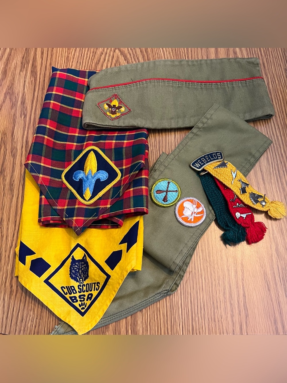 Vintage Webelos Bear BSA Scout Bundle Garrison Hat Cap Sash Kerchief Scarf Pins